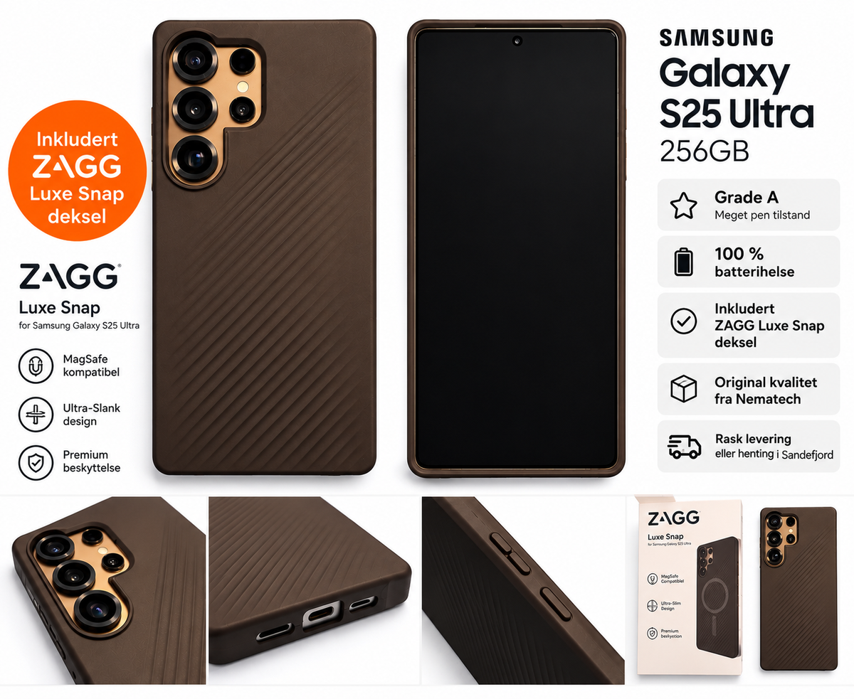 Samsung Galaxy S25 Ultra 256GB Grade A med 100 prosent batterihelse og ZAGG Luxe Snap deksel
